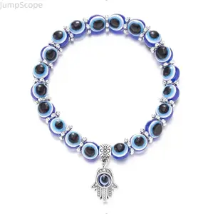 Blue Evil Eye Hamsa Hand Bracelet, Spiritual Protection Jewelry for Women Men Evil Eye Beaded Bracelet, Hamsa Hand Good Luck Charm Bracelet for Daily Wear