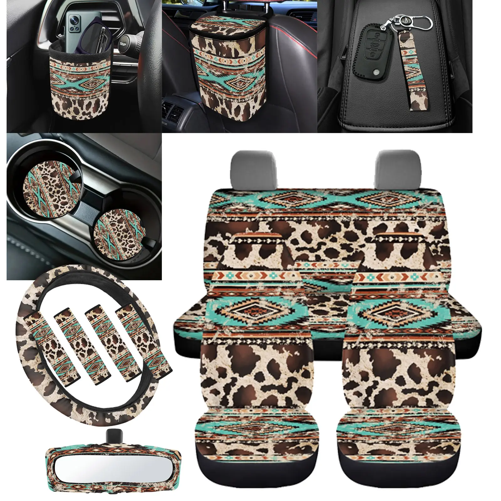 Cow Print Car Seat Cover Set Full Set, 15pcs Auto Western Accessories, Steering Wheel Cover + Seatbelt Pads + Keychain + Coasters + Garbage Bag + Mirror Decoration, Soft Non Slip
