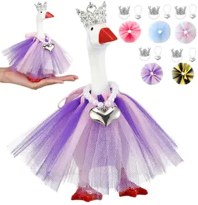 7 Inch Mini Desk Goose Outfits with Crystal Rhinestone Tiara Crown Necklace Tutu Dress Magnetic Goose Key Holder Princess Customs for Statue Duck Key Holder
