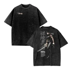 Men's Oversize Acid Washed T-shirt with Vintage Anime Graphic, Heavyweight Cotton Round Neck Short Sleeve Top, Tshirt