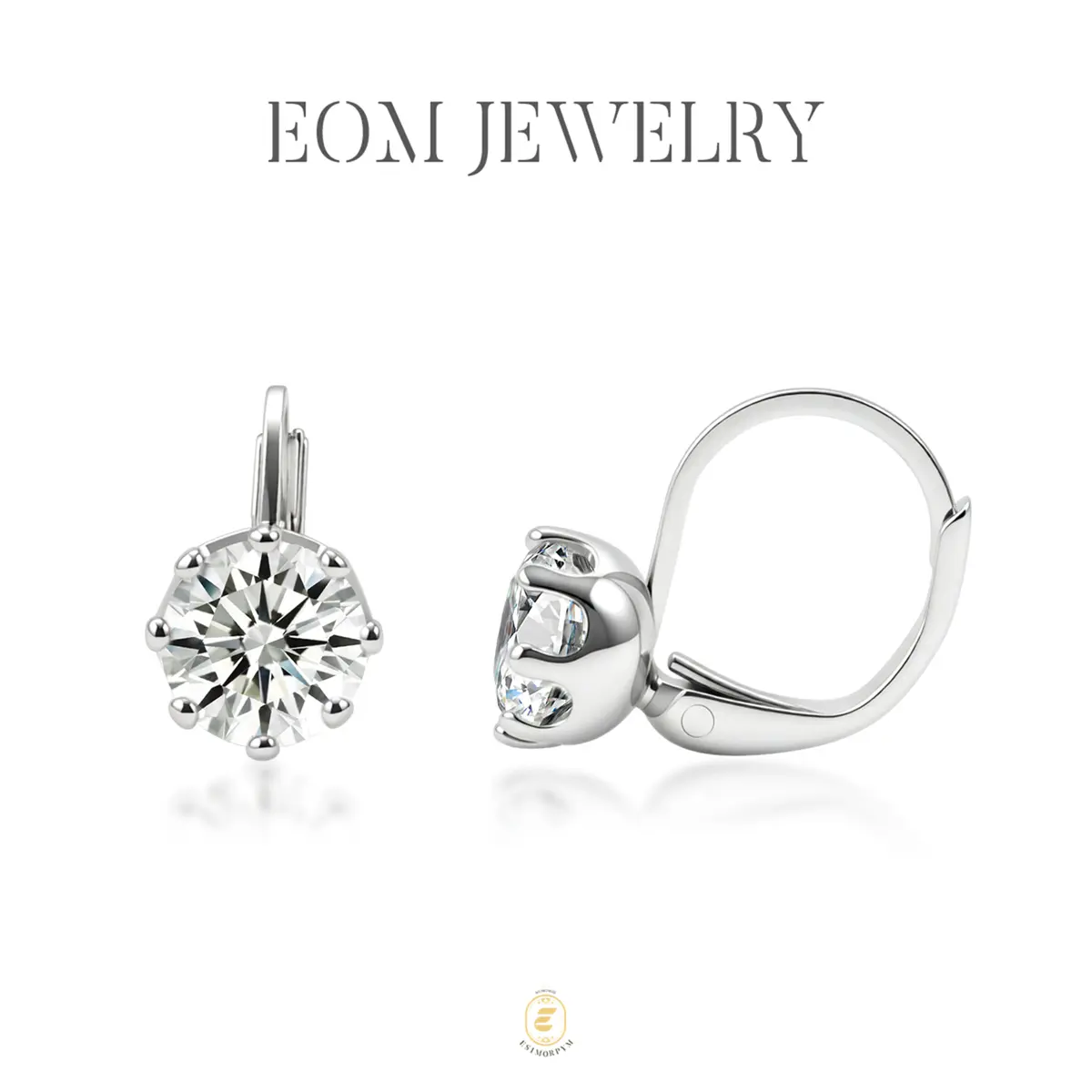 EOM 18K Gold-Plated Moissanite 2ct Crown Solitaire Earrings Silver-Plated Birthday Valentine's Day Wedding Engagement Anniversary Daily Wear Jewelry