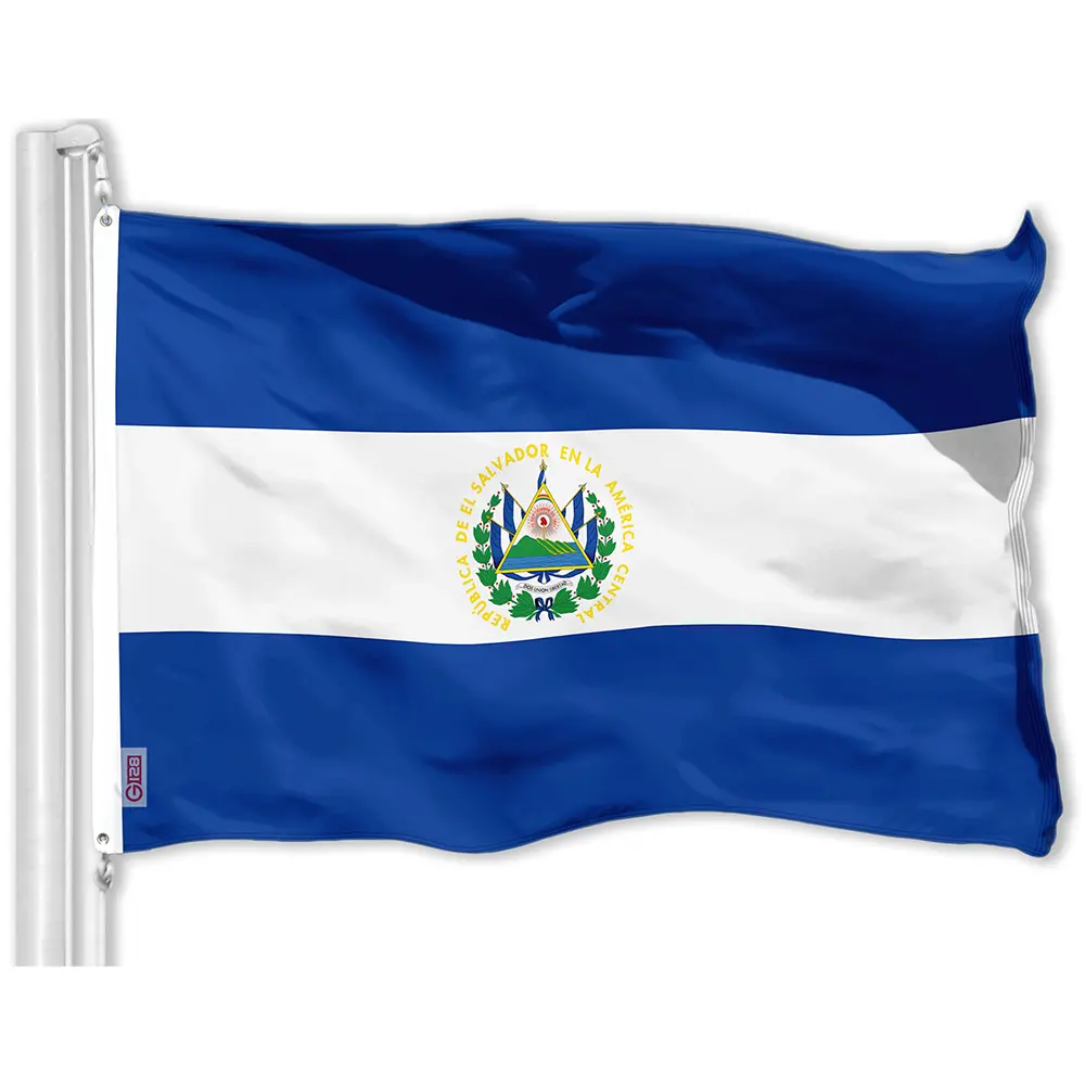 El Salvador Flag 3x5 ft Printed 150D Polyester, Brass Grommets, Single-Sided, Not Embroidered