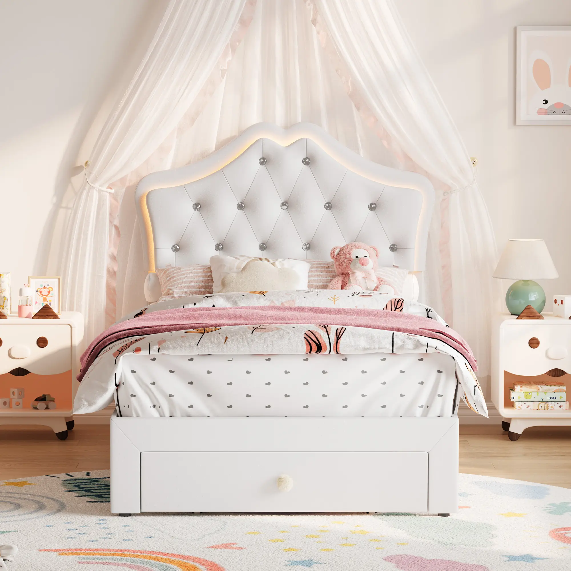 【GARVEE】Luxurious Twin Upholstered Platform Bed Frame with LED Lights - Crystal Tufted Headboard, Storage Drawer, Noise-Free Slats, Easy Assembly, No Box Early Season Needed - Ideal for Kids & Teens
