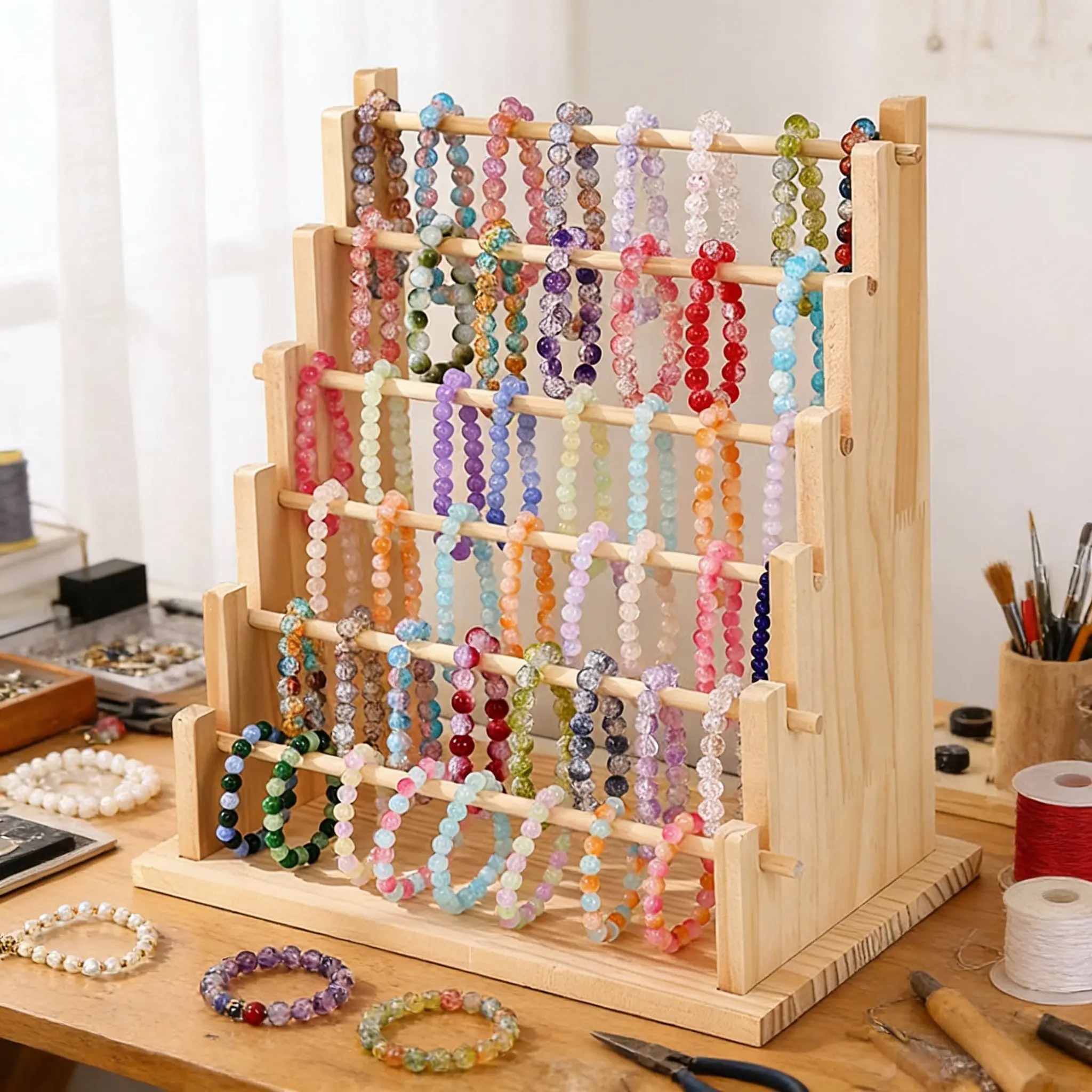 6-Tier Wooden Bracelet Holder Stand - Natural Wood Jewelry Display Storage Rack for Rings, Bracelets, Bangles & Necklaces, Ideal for Retail & Home Organization, Home Organizers, Versatile Adjustable Organizer, Organizing Tools