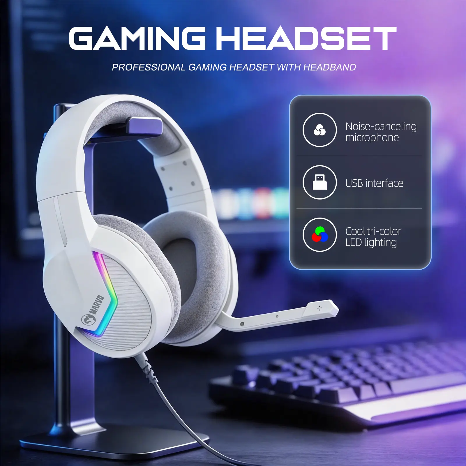 Marvo Multiplatform Gaming Headset, USB 2.0 Wired Personal Computers Accessory with Bass Boost, LED Lights, Omnidirectional Noise-Cancelling Microphone, Compatible with PC/Laptop