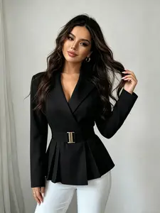 A women's fashion black waist-cinching blazer with belt, Elegant, Long Sleeve, Fitted, featuring a classic black color that is versatile and flattering for all body types. Perfect for office wear, shopping, and casual outings