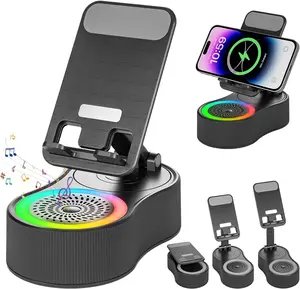 Wireless Induction Audio Bluetooth Speaker 5 in 1 Phone Holder Emergency Rechargeable with Colorful Ambient Light 360° Foldable for Tablet iPhone Android, Gifts for Men Women (Black)