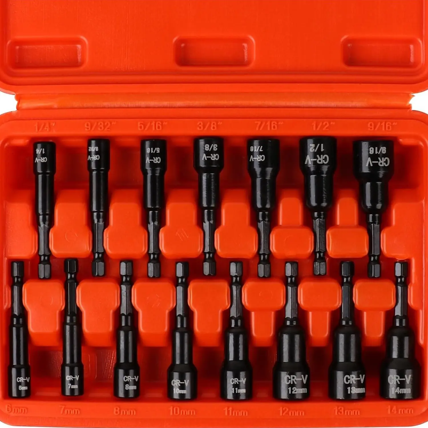 1/4" Hex Shank | Magnetic Nut Driver Set | 15-Piece | Impact Nut Driver Set | SAE (1/4" to 9/16") and Metric (6-14mm) | Chrome Vanadium Steel