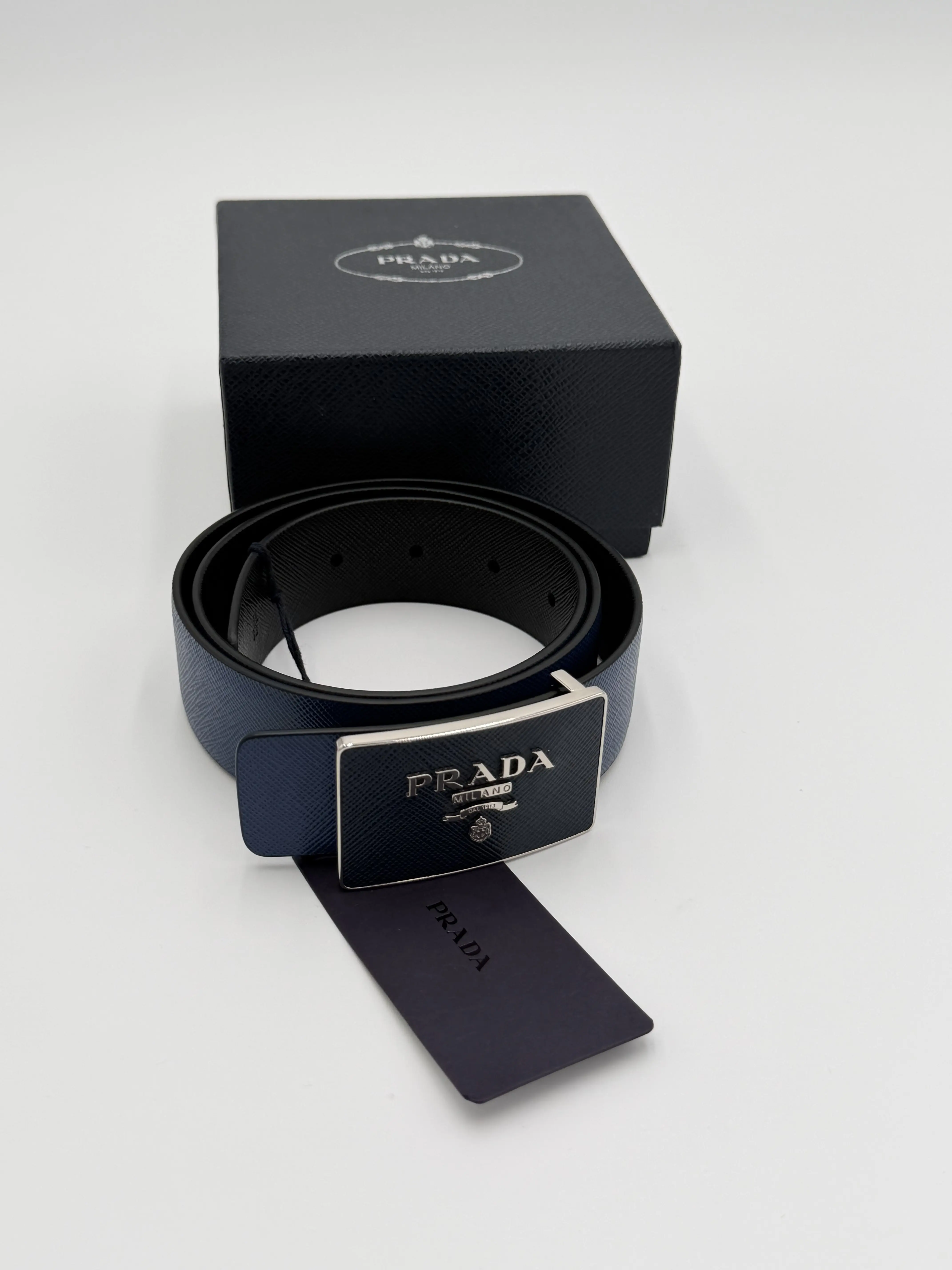 Pre-owned Prada Calfskin Saffiano Leather Belt Silver Tone Rectangular Buckle, Size 34/85