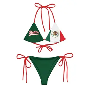 Women Mexico Flag Bikini Set Green White Red Halter Triangle Tie Side Swimsuit Comfy Summer Beach Vacation Cinco de Mayo Mexican Pride Pool Party Sunbathing Swimwear Trendy