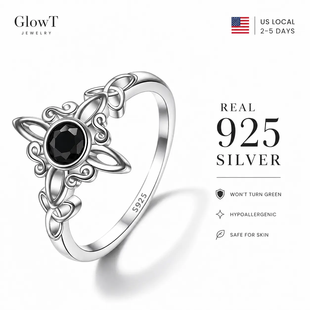 925 Sterling Silver Witch Knot Ring Celtic Trinity Knot Ring for Women, Witches Pagan Wicca Moon Irish Celtic Jewelry, Nudo de Bruja Plata 925 Original, Hecate Goddess of the Moon, Black CZ Dark Fantasy, Protection and Mysticism Amulet Gift for Girls