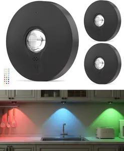 3Pcs Black Rechargeable RGB Puck Lights with Remote Control, 1500mAh Battery-Operated Timer-Based Tap Lights, Dimmable Under Cabinet Lighting for Closet, Kitchen