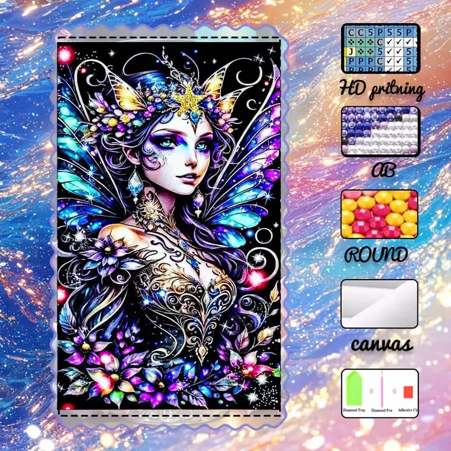 DIY 5D velvet, AB diamonds, fairy dust diamonds, crystal diamonds, dream flower fairy. Diamond embroidery, Diamond pattern design, diamond painting handmade kit, special craft diamond art kit, wall decoration, gift for family, loved ones, and friends.