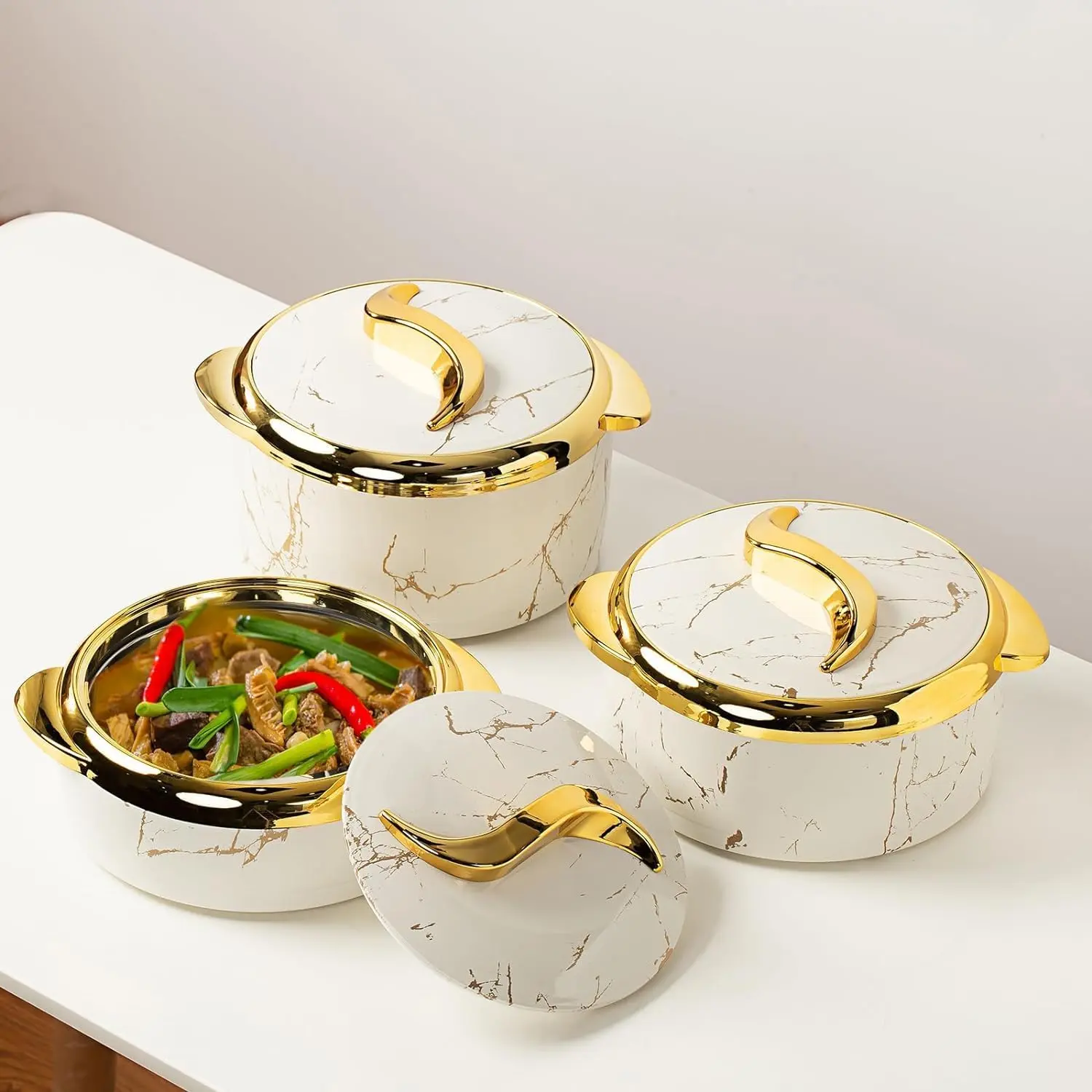 3-Piece Round White Marble-Pattern Insulated Food Covers Set - Heat-Resistant Steel Pot Lids, Insulated Bowls, Baked Goods Buffet Pans, Kitchen Utensils Container for Parties (TikTokShop Deals for You Days Summer Wins)