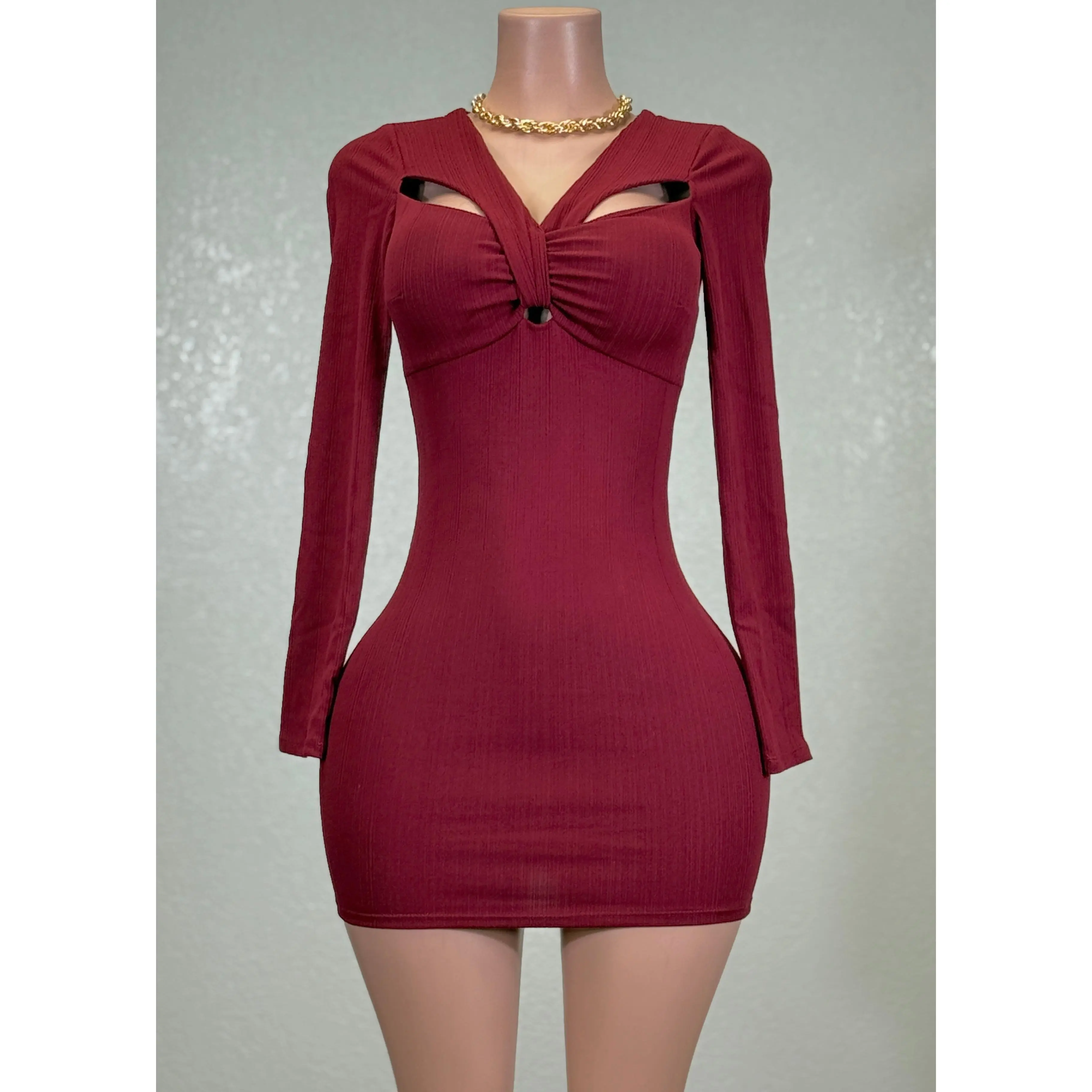 VENUS BURGUNDY TWISTED CUTOUT KEYHOLE BODYCON MINI DRESS