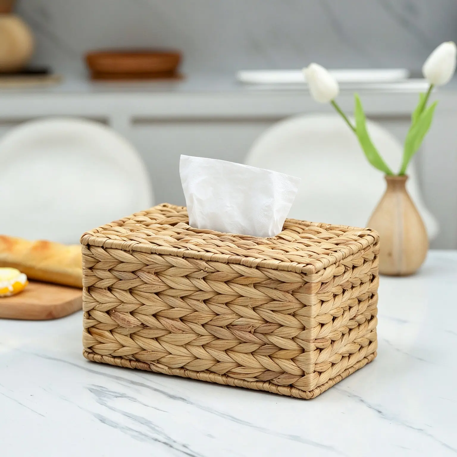 Wicker Tissue Box Cover Handwoven | Rustic Farmhouse Rectangular Tissue Holder for Bedroom, Bathroom & Living Room Decor
