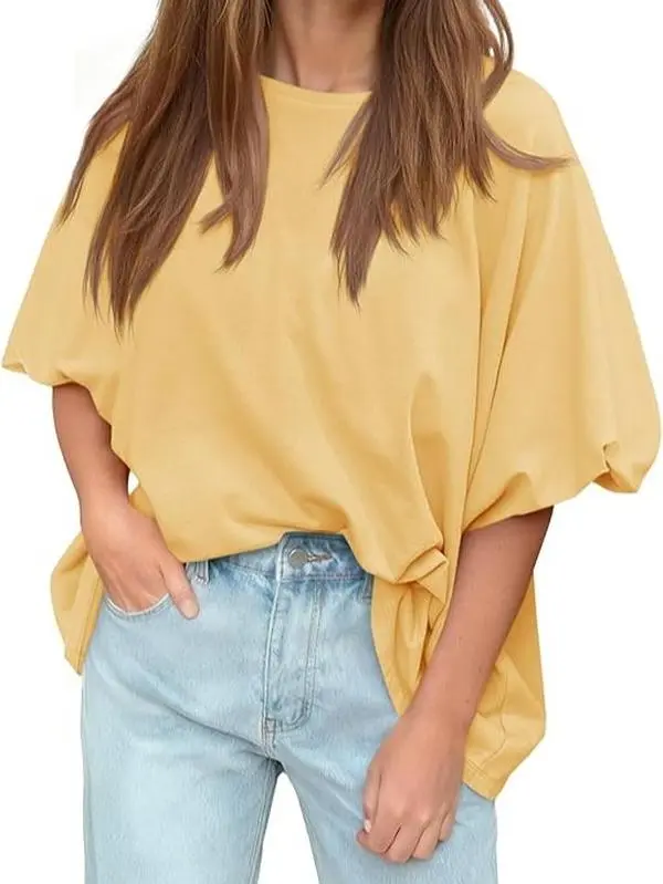 TANKANEO Lady's Basic Batwing Oversized Puff Sleeve Plain Tee, Streetwear Blouse, Summer Casual Crew Neck Loose-Fit Tunic Top for Day Wear - Women's Clothes