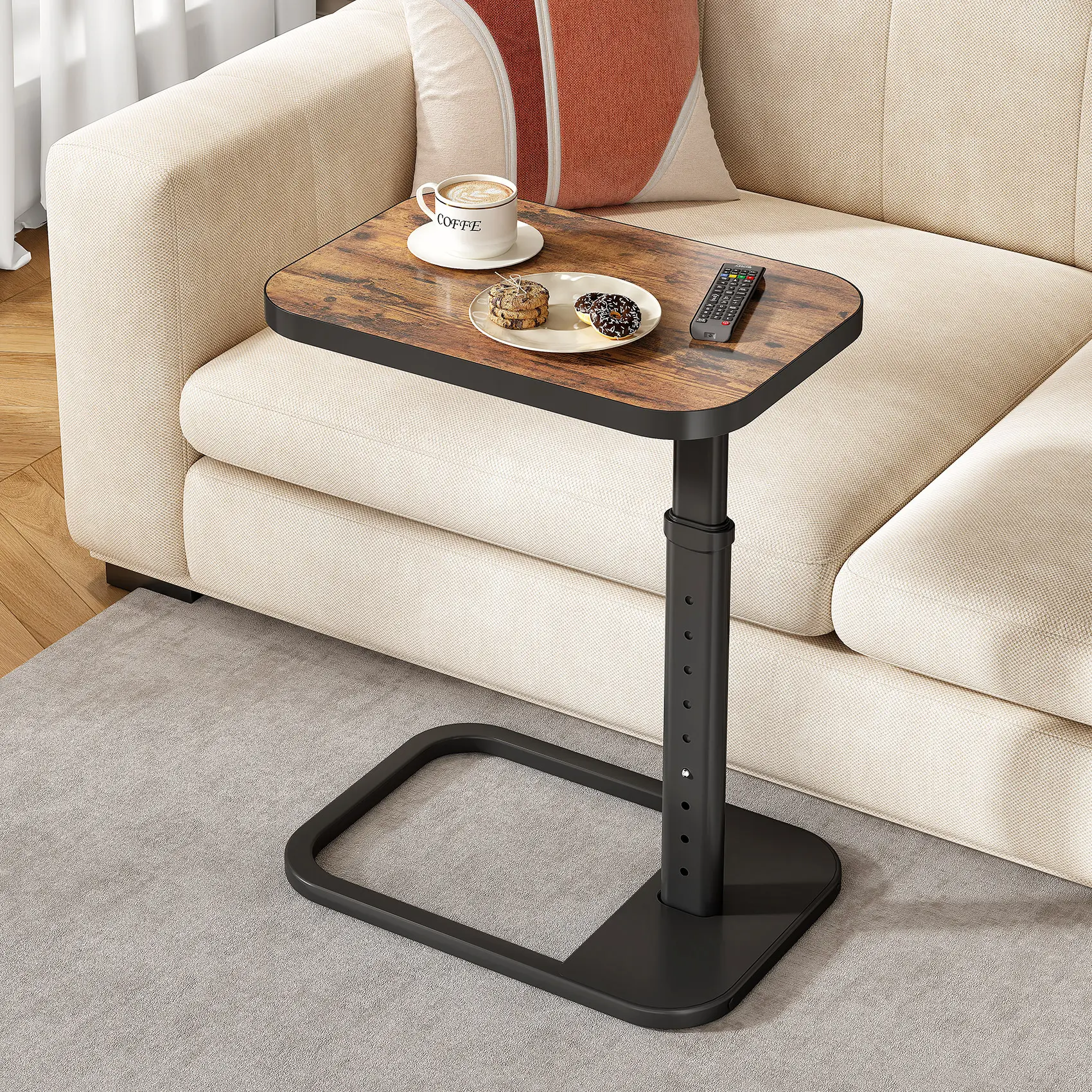 Kitstorack TV Tray Table, Adjustable Height & Flip-Top & Rounded Metal Corners, Snack Table for Couch, Sofa, Bed, Chair, Living Room, C Shaped End Side Table for Eating, Dinner or Laptop, Small Spaces
