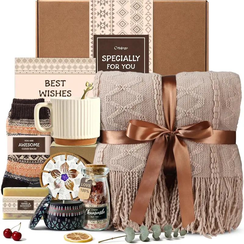 Coralogo Spa Gift Basket for Women – Unique Bohemian Basket with Soft Blanket, Warm Socks & Blank Card, Relaxing Self-Care for Her, Wife, Mom, Birthday or Get Well Soon, Set, Mothers Day Gift Basket,home essentials