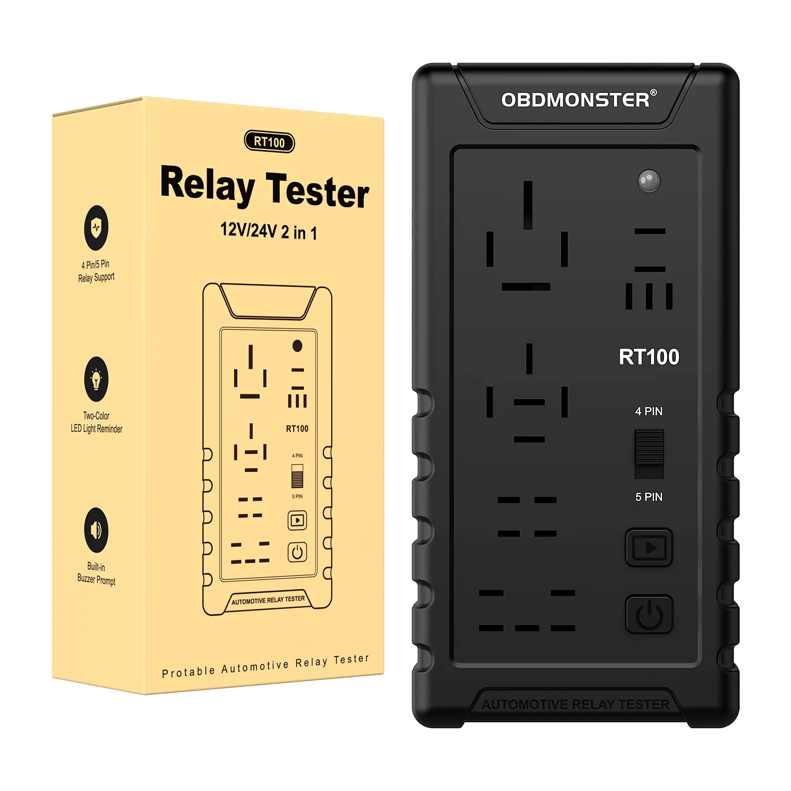 OBDMONSTER RT100 Universal Automotive Battery Relay Tester, 12V/24V Car Voltage Tester, Auto-Detects 4-5 Pin Relays, LED Indicator, Buzzer Alert, Portable Diagnostic Tool for Beginners & Car Repair Pros