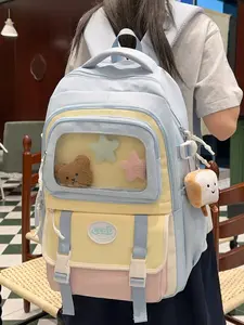 Large capacity backpack, color blocking backpack, letter buckle zipper, fashionable and versatile, casual and simple, suitable for students to go to school, campus, shopping and traveling, men's and women's backpacks, Stylish Daypack