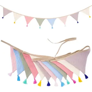 Pre-Strung Cotton Fabric Bunting Banner, 9Ft Morandi Triangle Pennant Banner Flag, Double-Sided Bunting Garland with Tassels for Birthday, Nursery, Baby Shower, Classroom Hanging Decor
