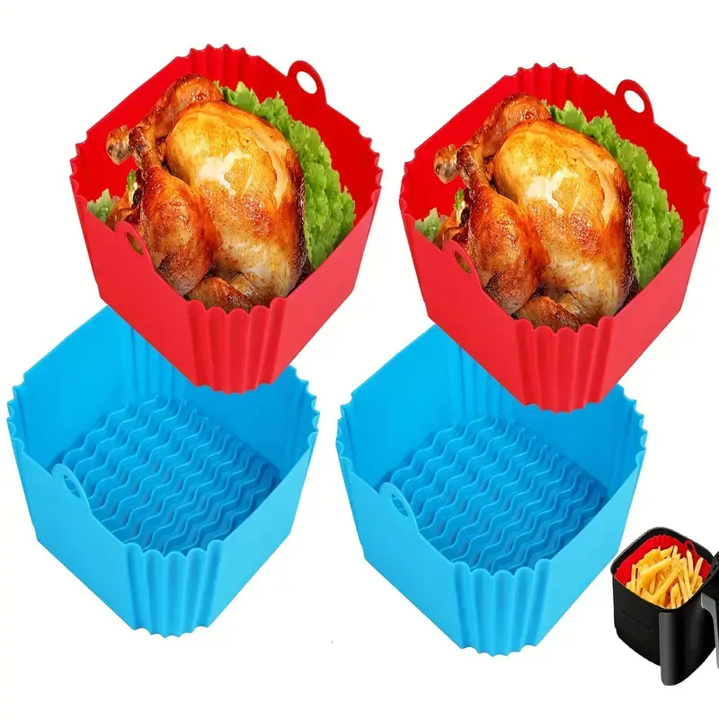 4 pieces of square silicone air fryer liners - 8-inch reusable air fryer pots - air fryer accessories - air fryer inserts for 4 to 7 QT oven and microwave accessories (red + blue)