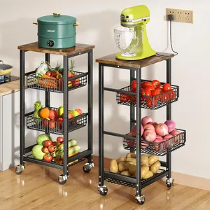 SNTD Fruit Basket Bowl - with Wood Top and Drawer, Kitchen Fruit Bowls Island on Wheels for Storage Fruit Vegetabe Onions and Potatoes, Black