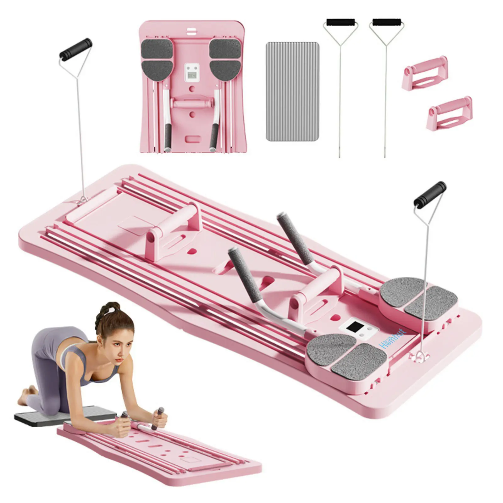 4 In One Foldable Home Fitness Board Extended Track Automatic Rebound Design Matching Resistance Bands Non Slip Knee Pad Count Display Portable Indoor Outdoor Comprehensive Training Equipment multifunctional pilate