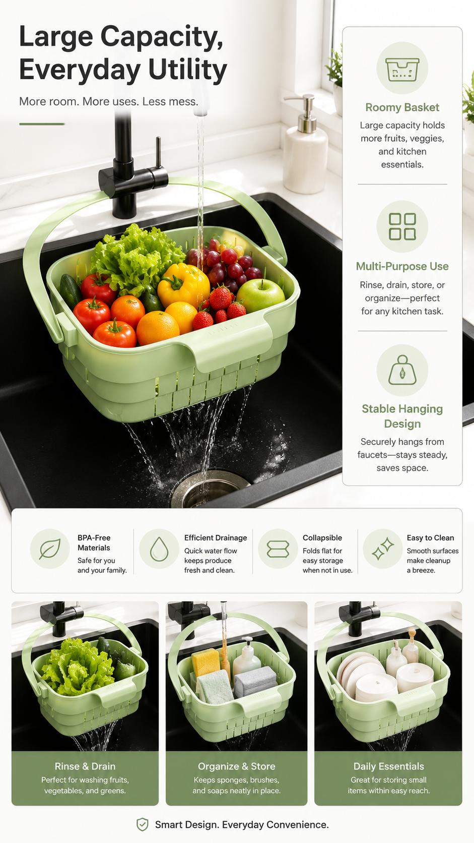Collapsible Hanging Drain Basket - Expandable Foldable Space Saving Kitchen Sink Organizer for Dishes and Produce
