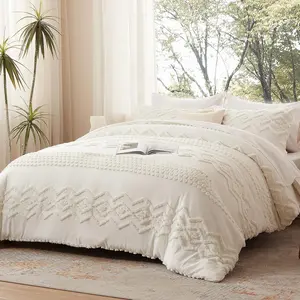 Boho Tufted Comforter Set  Size 3 count  White Shabby Chic Comforter Farmhouse Embroidery Bedding Set Soft Comforter for  Seasons ( White, 90''x90'')