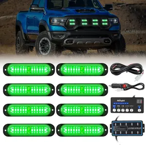 Nilight 8PCS Led Strobe Lights with Controller 12V 24V Sync Feature Green Strobe Light 12 LED Surface Mount Lights with Strobe Controller for Vehicle Car Truck RV ATV