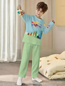 Digital building block enlightenment, Numberblocks children's fun set, boys' digital printed long-sleeve pajamas with extended pants, Pastel cute pajamas, flame-retardant fabric, comfortable and soft pajama set, suitable for sleeping and home