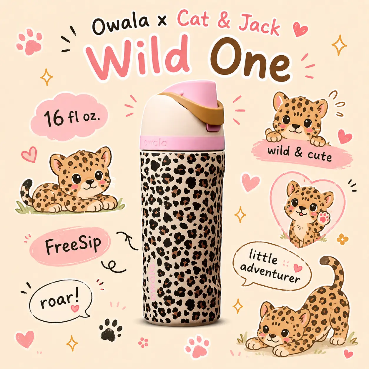 Owala x Cat & Jack Wild 16 fl oz Insulated Leopard Print Water Bottle, Cute Kitchenware Drinkware