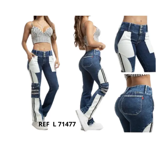 Premium Colombian bell-bottom jeans with a push-up effect that enhances the buttocks. A slim fit with a beautiful rhinestone detail that accentuates your curves. Beautiful jeans.