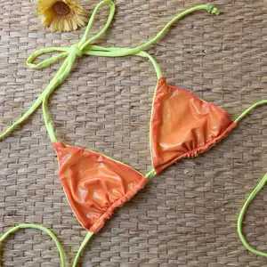 LASWIMLAB  Handmade Triangle Bikini Top in Neon Orange & Yellow adjustable Double Lined Sustainable Swimwear for Eco-Friendly Fashionistas