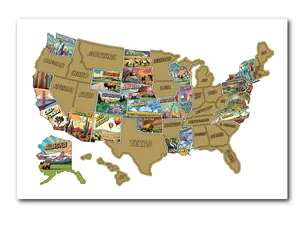 U.S. Scratch Off Map, 50 States Travel Bucket List Poster, Comic Illustrations of the United States