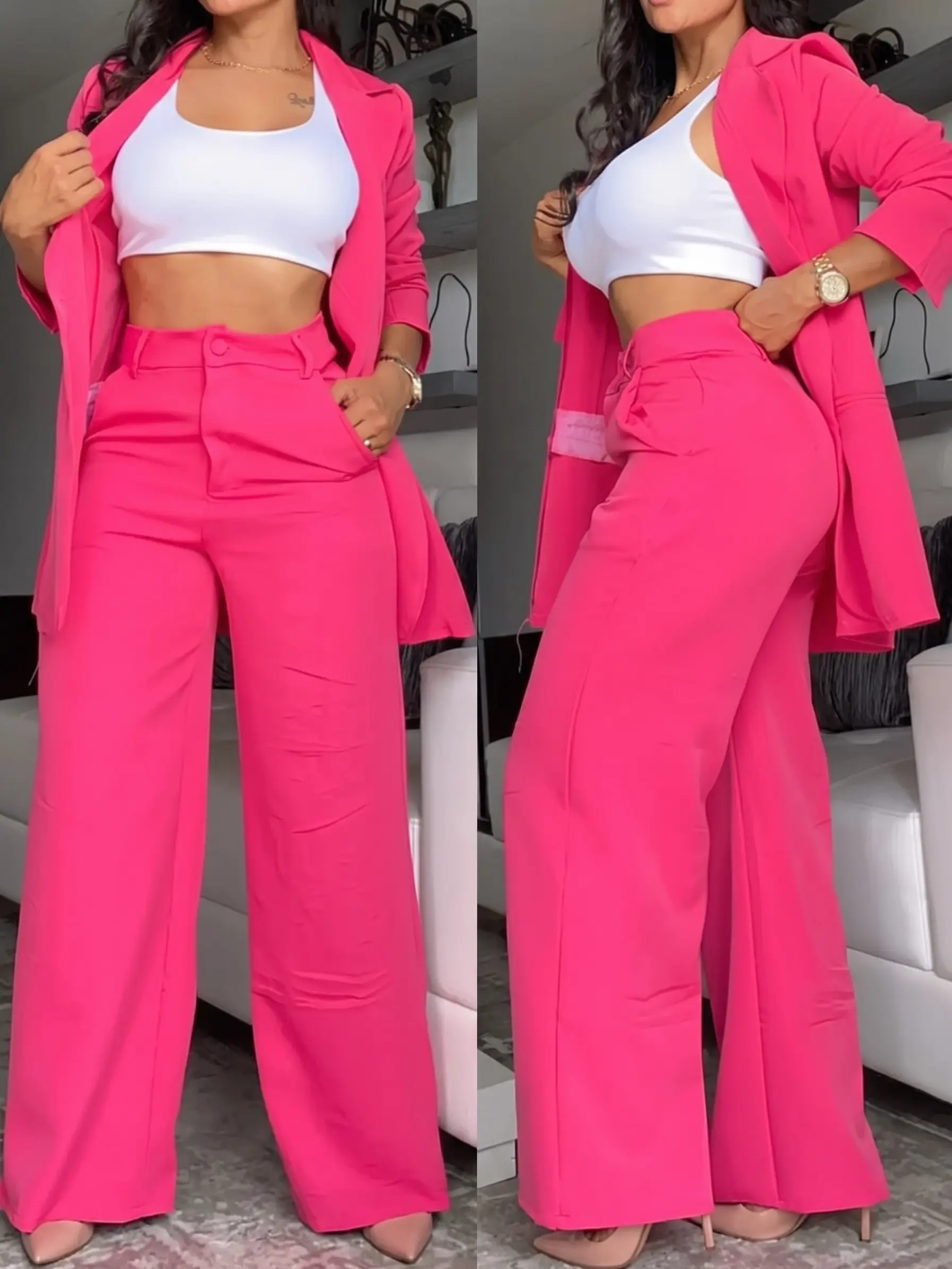 Women's 2 Piece Outfit Elegant Lapel Blazer and High Waist Straight Leg Pants Suit Set with Pockets 4-Way Stretc