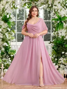 Elegant Plus Size Women's Formal Maxi Dress with High Slit Design, Recycled Fabric, Draped Neckline, Waist Cinching, Bridesmaid Gown