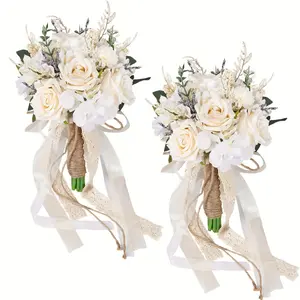 2pcs/1pcs Rose Wedding Bouquets, Bohemian Country Style, Artificial Rose Bouquets, Artificial Flower Arrangement, Ceremony Anniversary Centerpieces, Romantic Bridal Florals