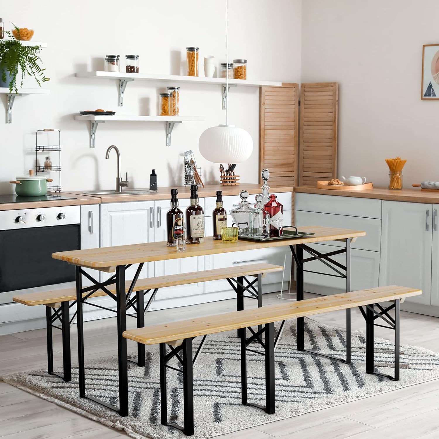 Karlhome 3pcs 4/6FT Folding Picnic Tables with Benches Set, Weather-Resistant Wooden Beer Garden Table Bench, 3-Piece Portable Fold Up Camping BBQ Table w/Carrying Handles,Natural Wood Color