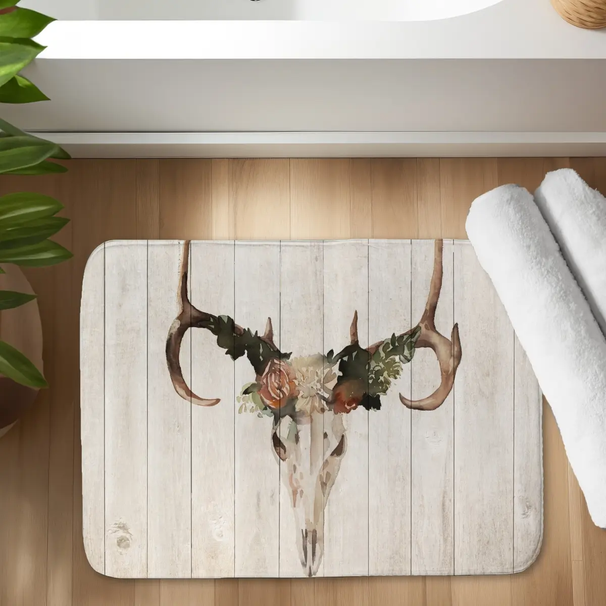 17x24 in Beige Decorative Rustic Deer Skull Rose Bath Mat - 360 Stand, Super Absorbent Soft Rectangle Bathroom Accessory, Wipe Clean Home Supply, Animal Design Housewarming Gift, Farmhouse Room Decor