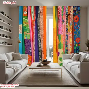 2D Flat 2Pcs Bohemian Patchwork Print Privacy Grommet Curtains, Vibrant Colorful Abstract Window Drapes for Living Room Bedroom, Semi Blackout Panels, Home Decor