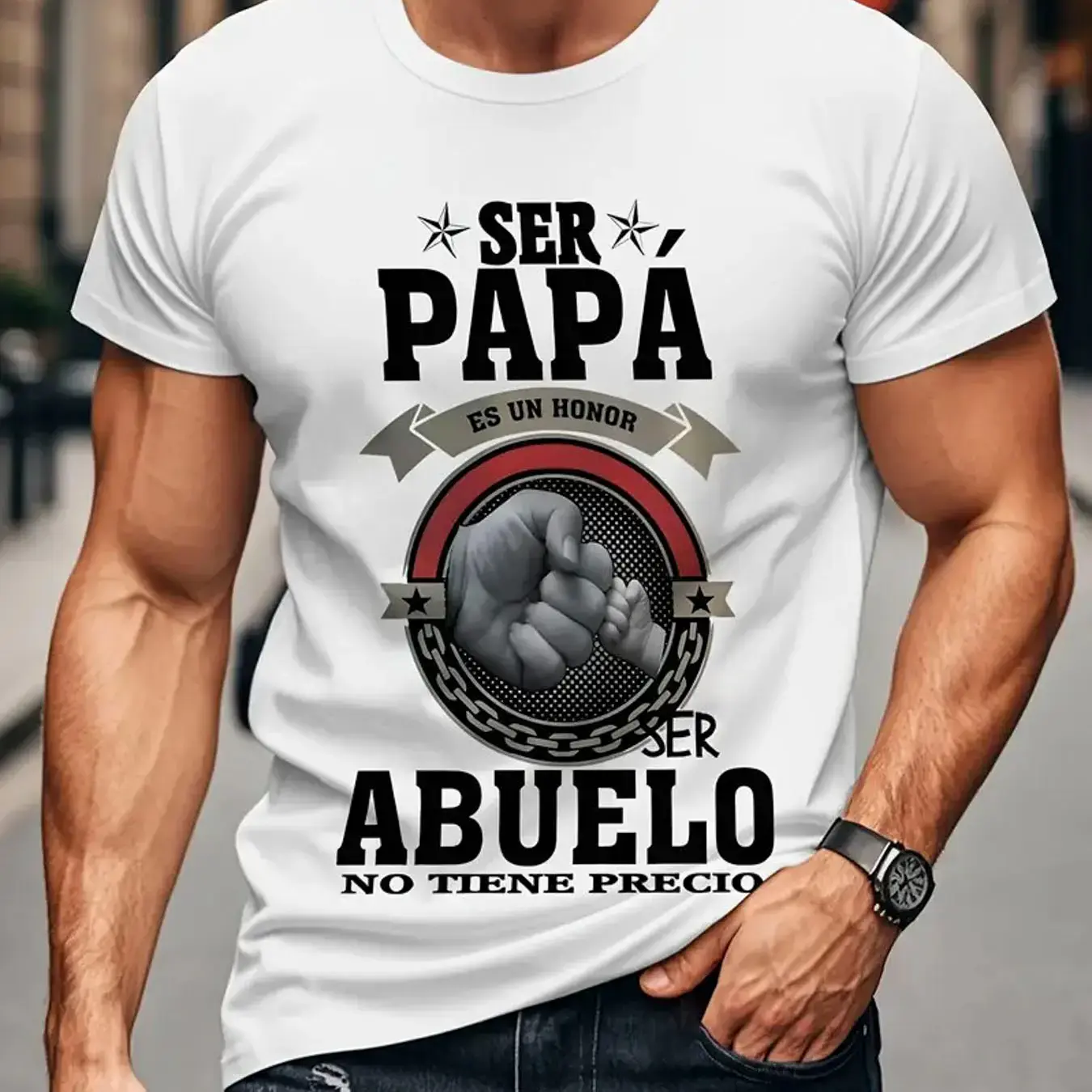 Men's Spanish Grandpa & Dad Pride T-Shirt - 100% Cotton "Ser Papa Es Un Honor/Ser Abuelo No Tiene Precio" (It's an Honor to Be a Father/Grandfather) Bold Text & Fist/Chain/Star Graphic, Casual Crew Neck Short Sleeve Tee for Spanish-Language
