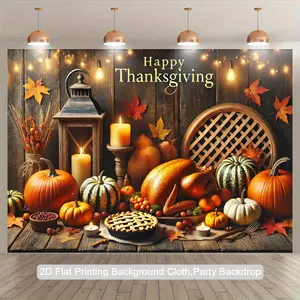 2D Flat, 1pc Thanksgiving Backdrop Banner - Autumn Harvest Party Decor with Happy Thanksgiving Text, Pumpkin, Turkey, Pie - Warm Orange/Brown/Red/Gray Colors - Lightweight Polyester Fabric for Photo Booth, Table Runner, Indoor/Outdoor Decoration - Easy