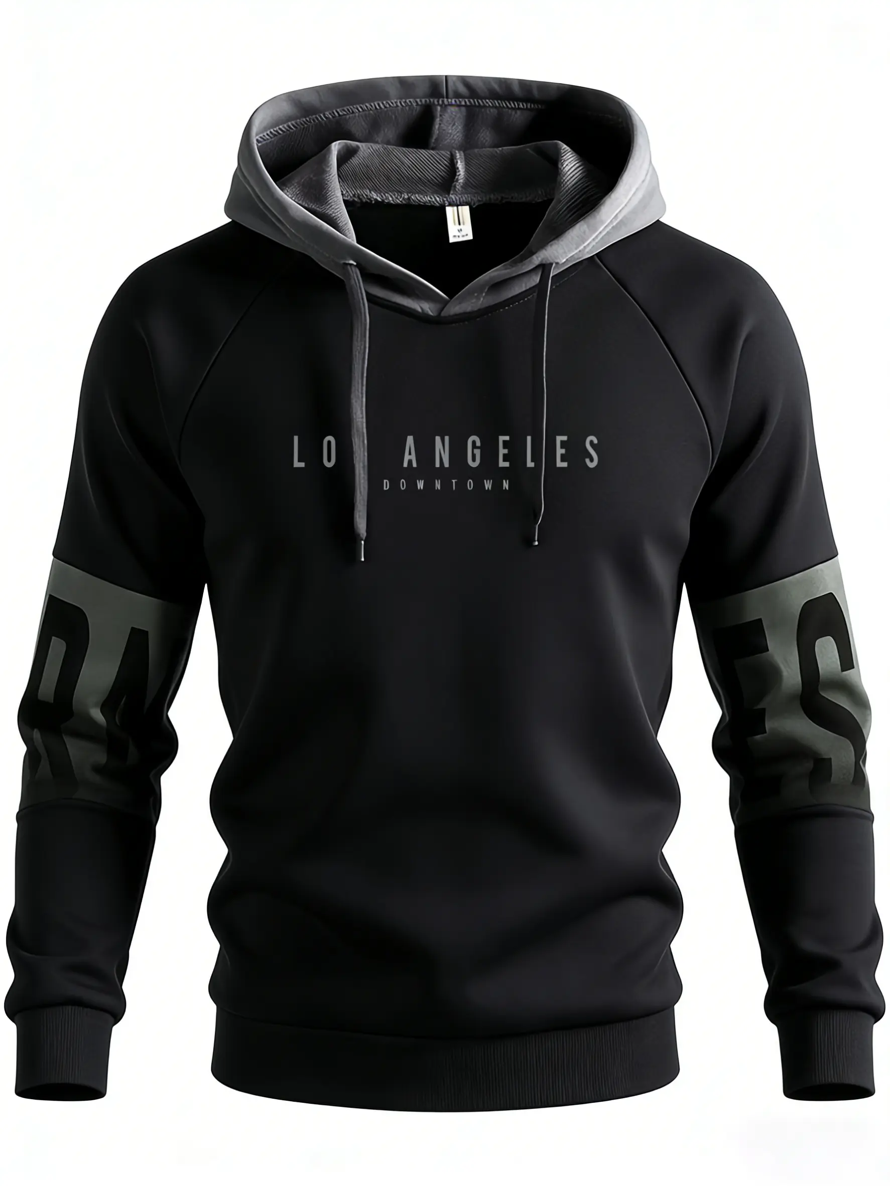 Men's Fitted Los Angeles Downtown Pattern Colorblock Hooded Sweatshirt - Black & Gray, Long-Sleeve, Contrast Color Hood, Letter Print, Soft Polyester Pullover, Suitable for Everyday & Street Wear, M