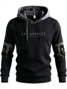 Men's Los Angeles Downtown Pattern Hoodie | Black and Gray Colorblock Pullover, Contrast Color Hood, Long Sleeve Letter Print, Soft Casual Sweatshirt, Suitable for Everyday, Street, Travel Wear