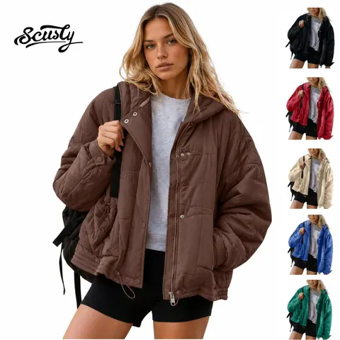 【Black Friday】SCUSTY Womens Hooded Puffer Jacket Lightweight Hoodies Quilted Long Sleeve Oversized Warm Winter Coat