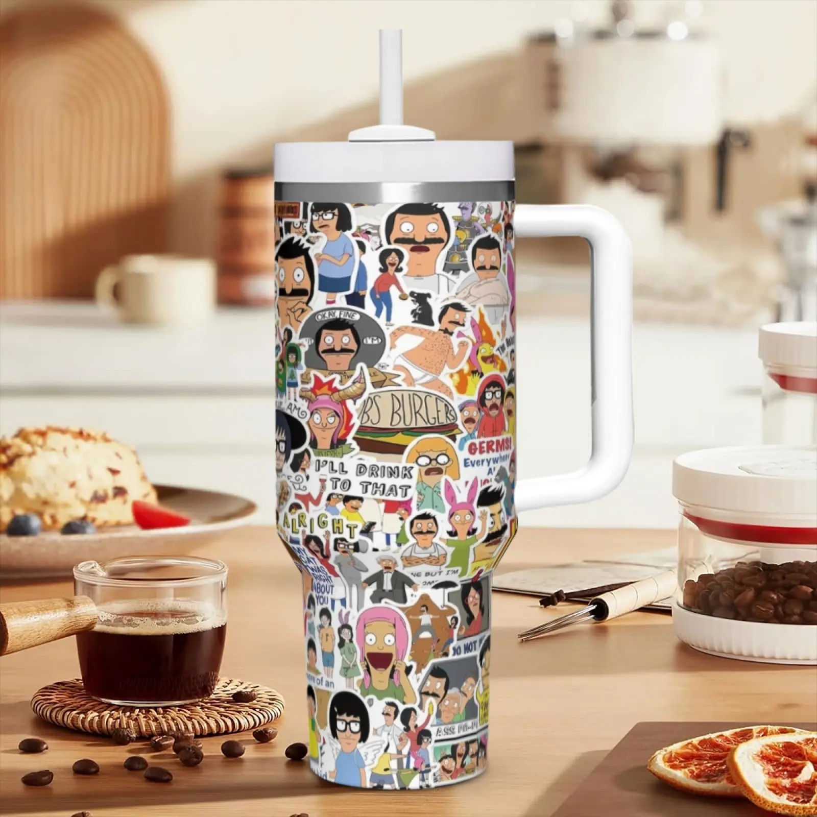 1pc Bob's Burgers 40oz Insulated Stainless Steel Water Bottle, Cartoon Insulated Tumbler, Double-layer insulated coffee cup, Thermos Coffee Travel Mug, Travel Mugs Insulated, Anti-Slip Handle & Straw Design, Perfect for Outdoor Adventures & Everyday Carry