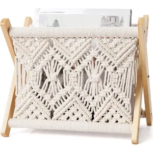 Mkono Macrame Magazine Rack Boho Storage Holder Standing Basket for Books, Newspapers, Swaddle Blanket, Dorm Essentials, Living Room, Bathroom, Office, Nursery, Home Decor, Small Size, 11.2"L x 7.5"W